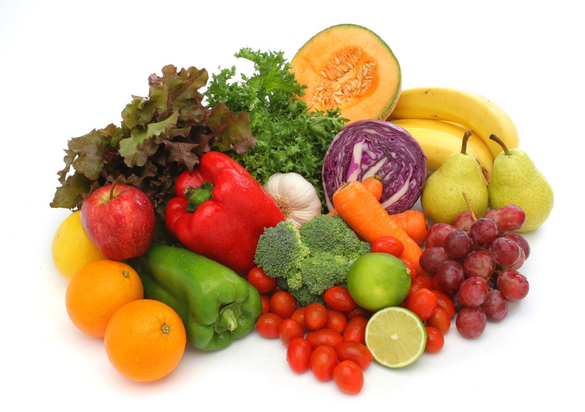 colorful fresh group of fruits and vegetables for a balanced diet. white background. look at my gallery for more fresh fruits and vegetables.