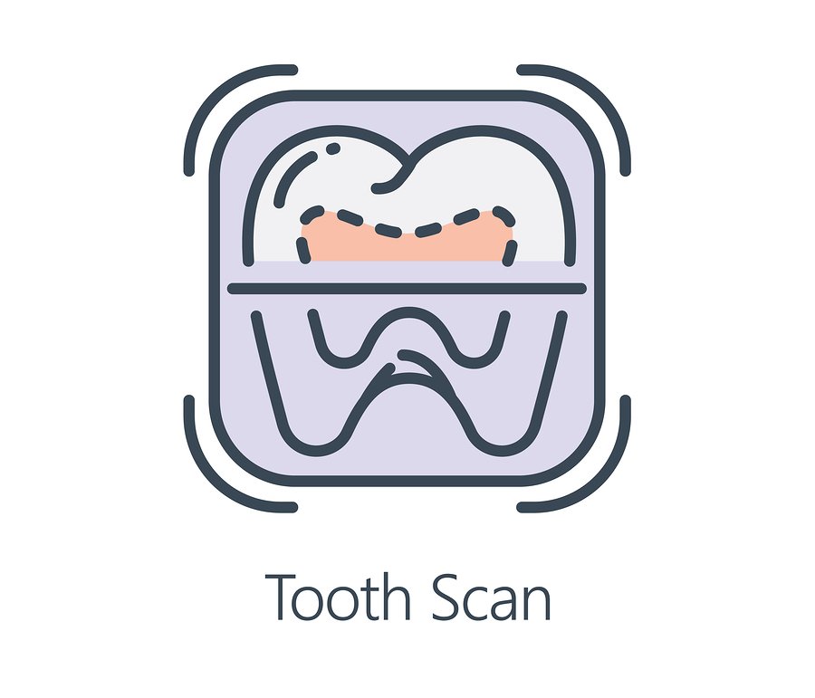 Icon design tooth scan in flat line style. Symbol about health check up and medical concept.