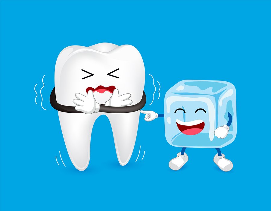 Cartoon character of tooth and ice. Sensitive Tooth To Cold. Dental care concept, illustration isolated on blue background.