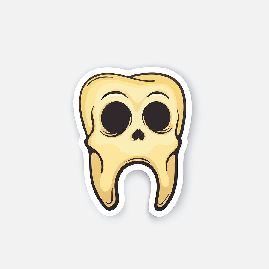 Vector illustration. Skull of sick tooth. Oral hygiene. Dead tooth with caries. Cartoon sticker in comics style with contour. Decoration for greeting cards, posters, patches, prints for clothes