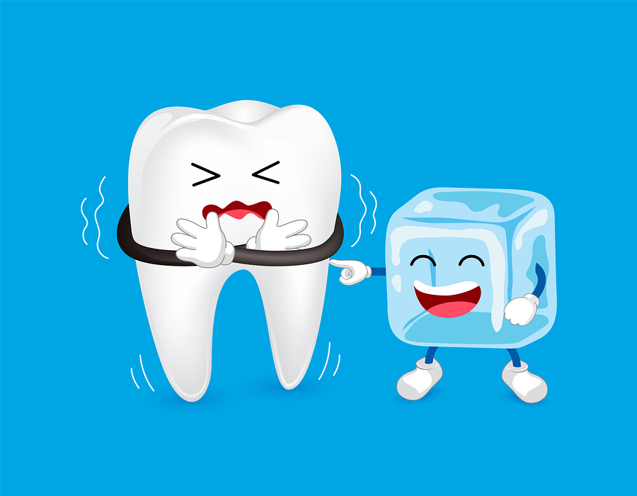 Cartoon character of tooth and ice. Sensitive Tooth To Cold. Dental care concept, illustration isolated on blue background.